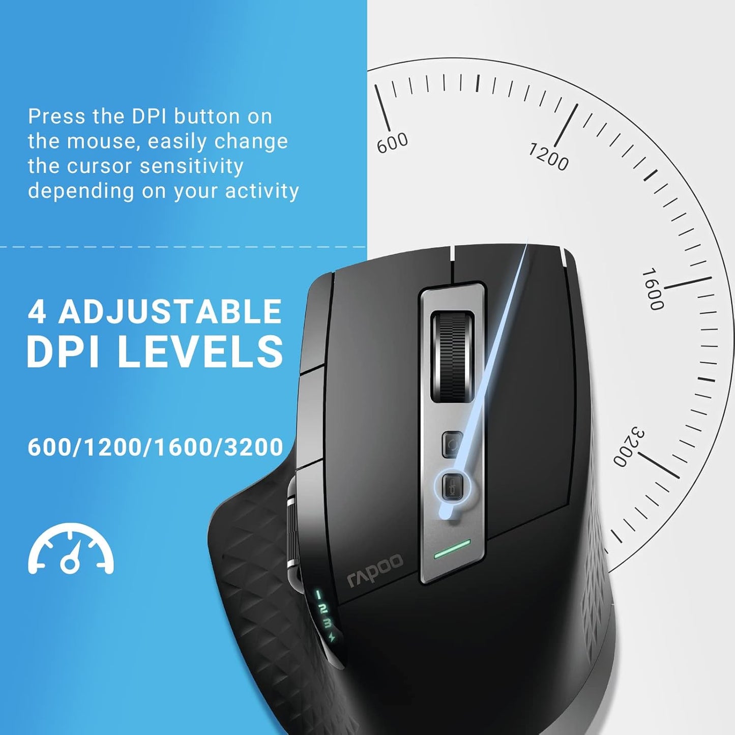 Rapoo Bluetooth Wireless Mouse, 4 Adjustable DPI Rechargeable, Multi-Device (3 Bluetooth+USB) Programmable Ergonomic Mouse with Side Roller, Laser Mouse for Laptop Desktop PC