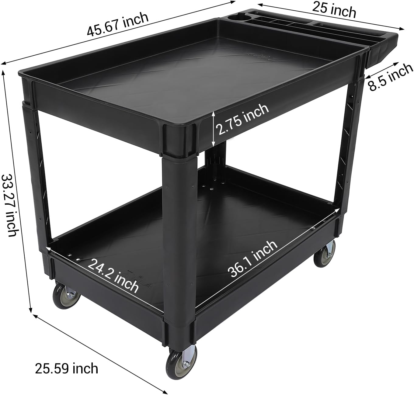 Utility Service Cart with Wheels and Two Trays, Service Cart 2-Shelf 500lbs, Rolling Utility Cart for Warehouse/Garage/Cleaning/Manufacturing, 2 Tier Heavy Duty Uline Tool Cart, 45"X25", Black