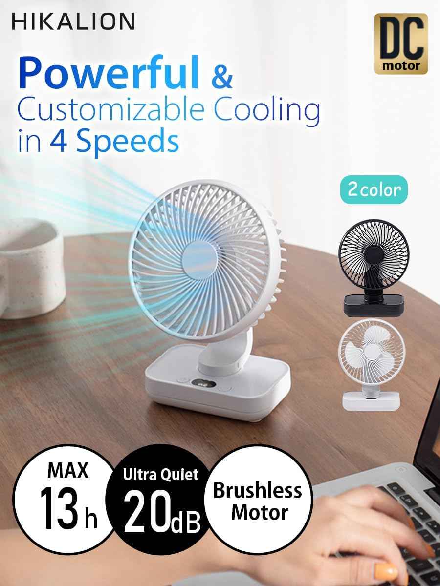 Oscillating Small Desk Fan, with USB Rechargeable Battery, Ultra Quiet, 4 Speeds, 13-Hour Runtime, Wall-Mount Option, Quiet Fan, Home, Bedroom and Office, White