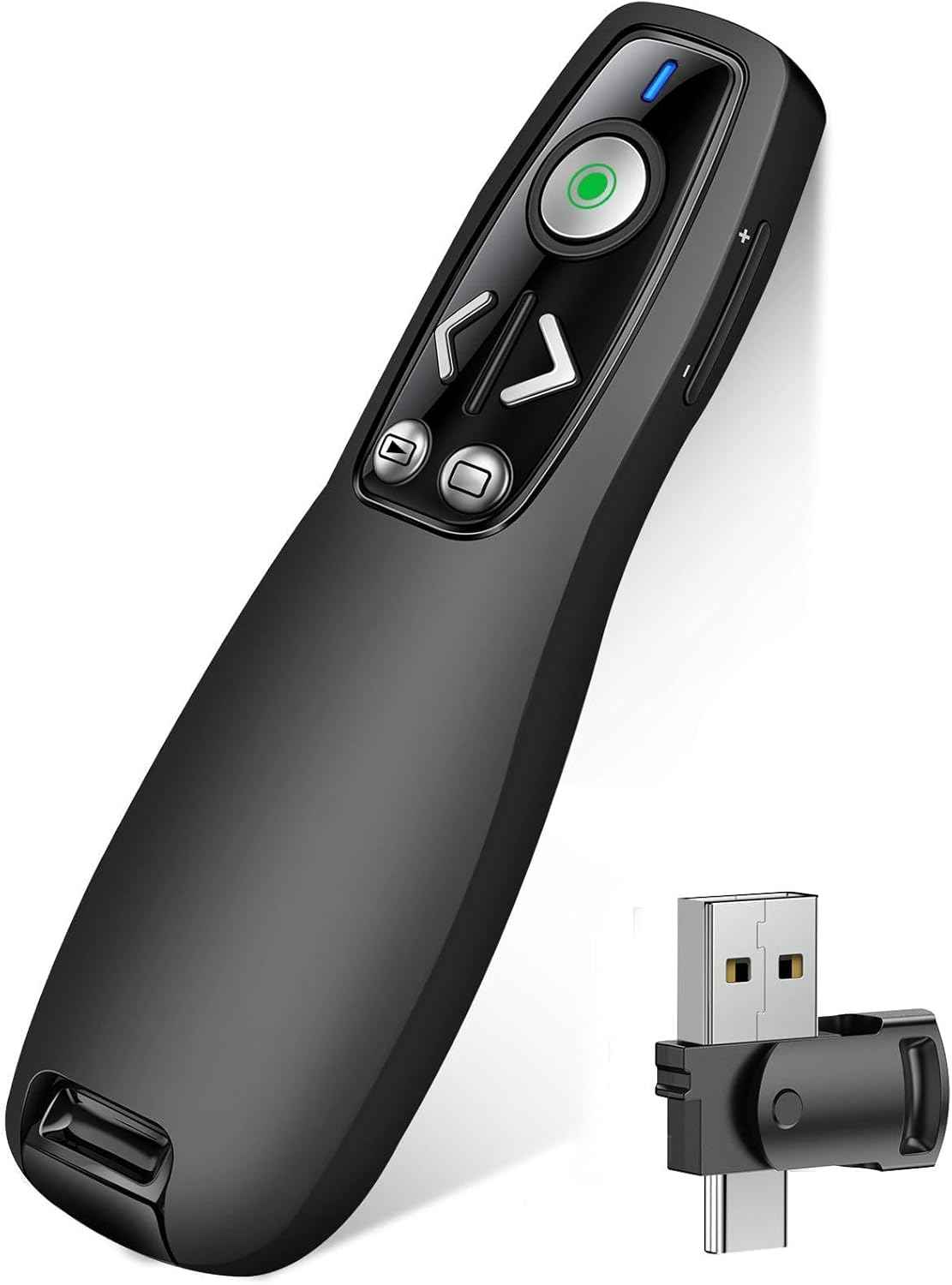 2-in-1 USB Type C Presentation Clicker Wireless Presenter Remote with Green Light for PowerPoint, Powerpoint Clicker with Volume Control PowerPoint Slide Advancer for Mac, Computer, Laptop