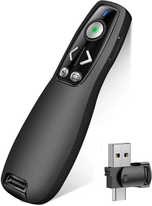 2-in-1 USB Type C Presentation Clicker Wireless Presenter Remote with Green Light for PowerPoint, Powerpoint Clicker with Volume Control PowerPoint Slide Advancer for Mac, Computer, Laptop