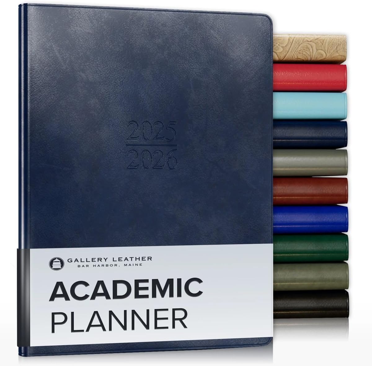 Gallery Leather Academic Planner 2025-2026, Teacher and Student Weekly Monthly Planner, Elegantly Bound Calendar with Gold-Gilded Page Edges, 18 Months - Acadia Navy - 9x7"
