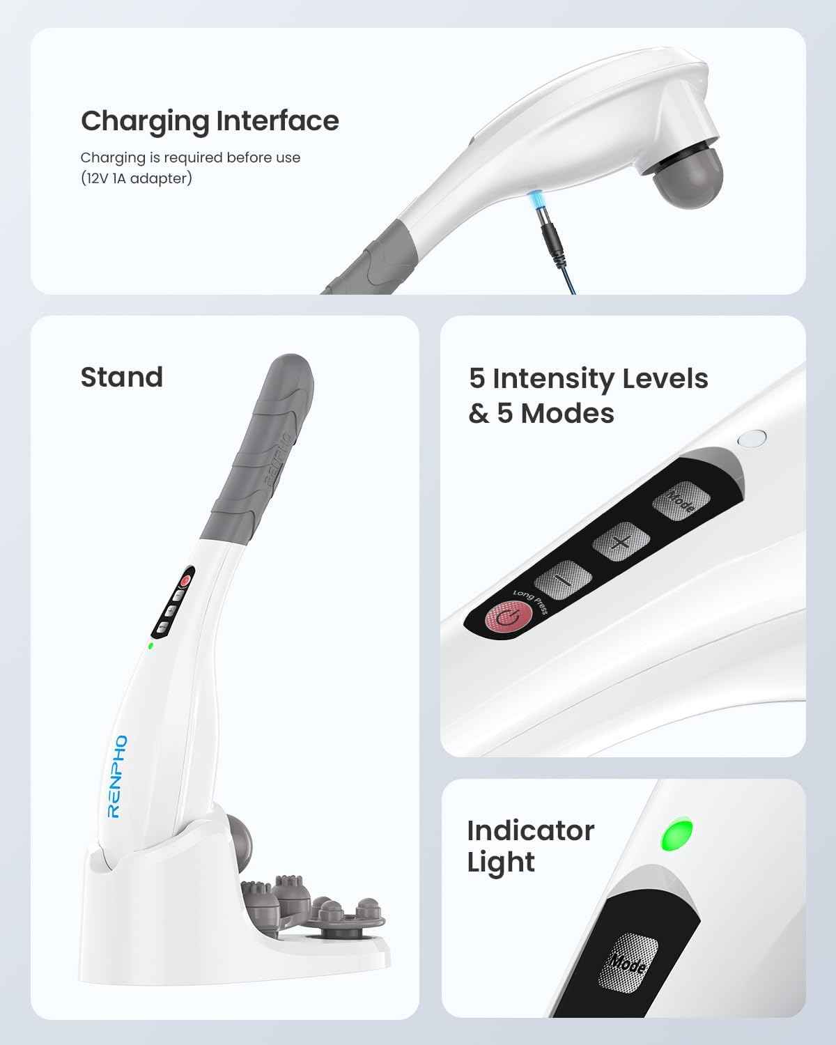 RENPHO Rechargeable Handheld Back Massager with 5 Adjustable Speeds & Modes, Fathers Day Dad Gifts, Cordless Electric Neck Massage Tool for Muscle Relief, Tailored Intensity for Shoulder, Leg, Calf