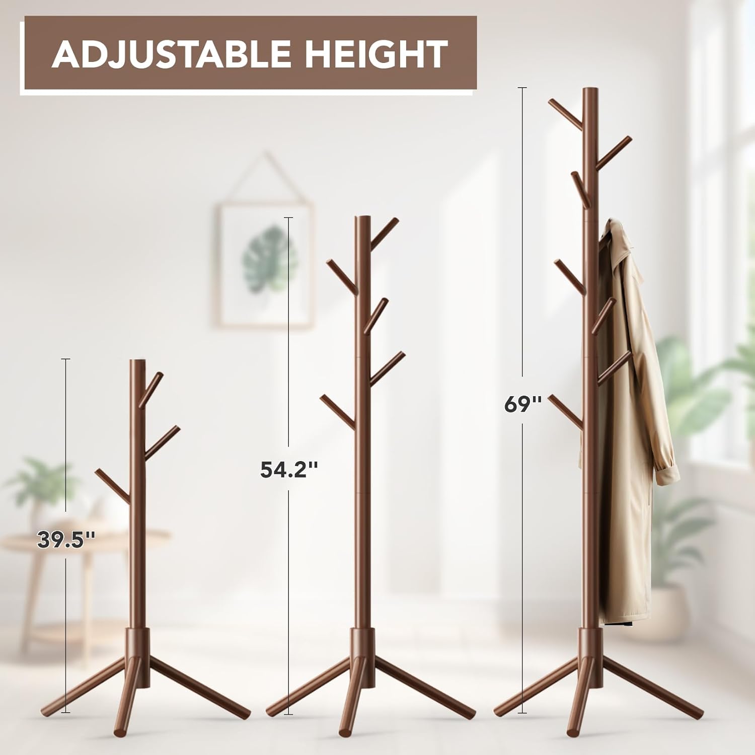 Wooden Tree Coat Rack Stand,Sturdy Freestanding Coat Rack with 8 Hooks,3 Adjustable Height for Child Adult,Wood Coat Stand Tree Fits Entryway Bedroom Office for Bags,Hats - Lumora Desk
