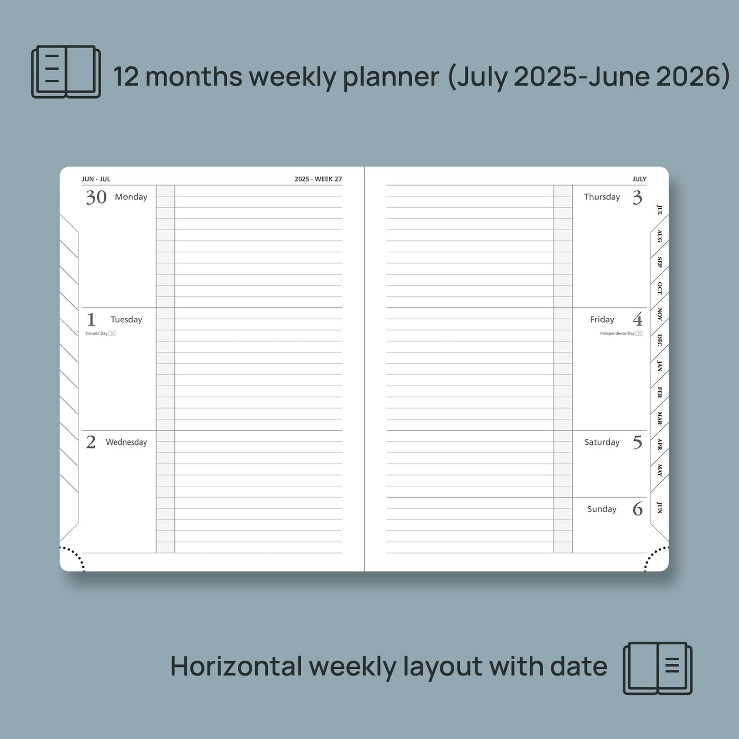 POPRUN Planner 2025-2026 (Medium 6.75''x 8.75''), Horizontal Weekly Notebook Jul.2025 - Jun.2026, Academic Appointment Book with Monthly Tabs, Leather Hardcover, Inner Pocket, 100 GSM - Army Green