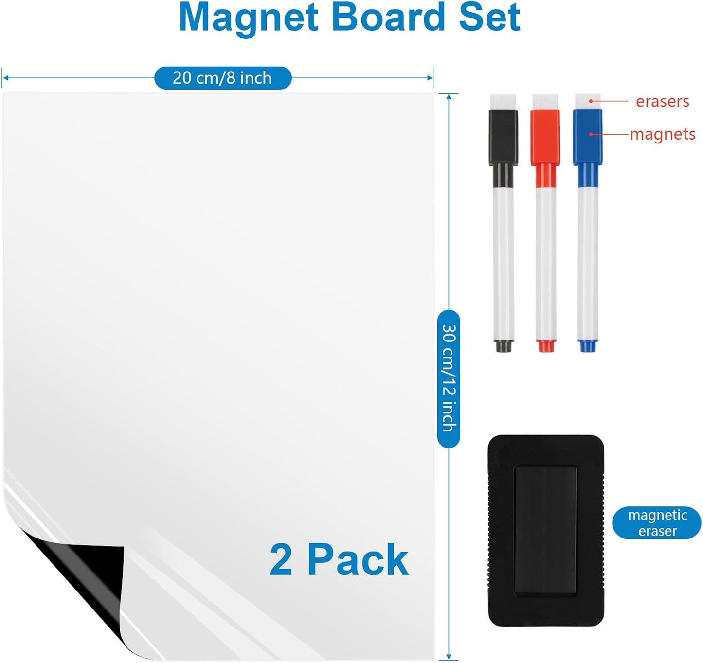 Magnetic Fridge White Board Paper, 8" x 12" 2 Pack Small Dry Erase Board Sheet for Organizer and Planner, Kitchen Refrigerator Whiteboard for Family to-do List, Includes Markers and Eraser