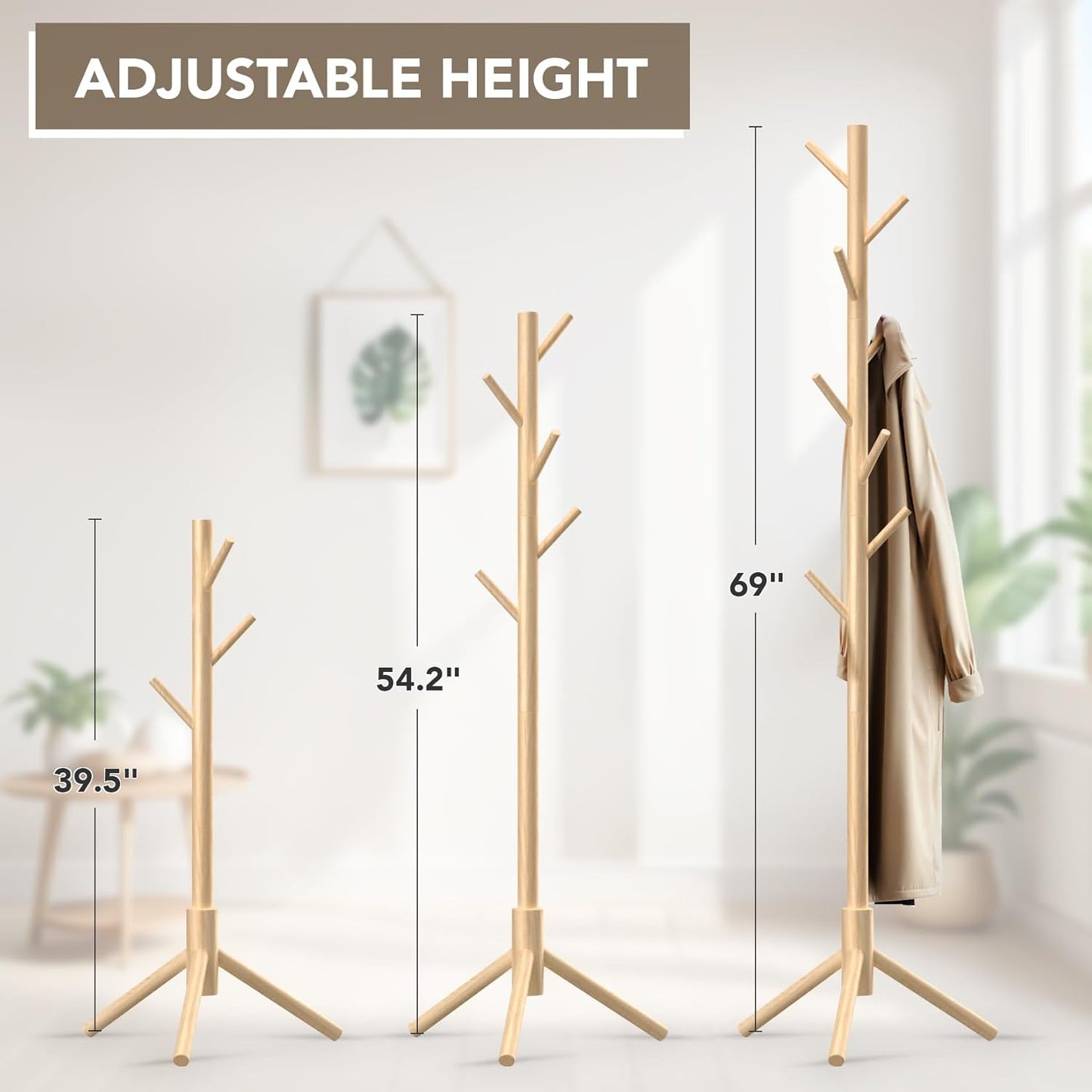 Wooden Tree Coat Rack Stand,Sturdy Freestanding Coat Rack with 8 Hooks,3 Adjustable Height for Child Adult,Wood Coat Stand Tree Fits Entryway Bedroom Office for Bags,Hats - Lumora Desk
