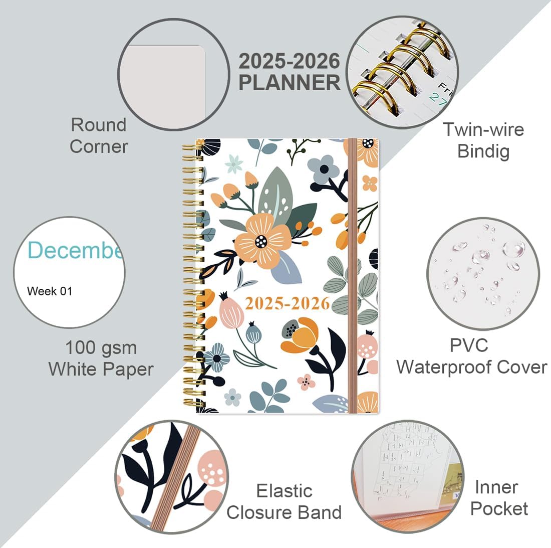 2025-2026 Planner - Academic Planner 2025-2026 from July 2025 - June 2026, Weekly & Monthly Planners Spiral Bound with 12 Monthly Tabs, Inner Pocket, 6.4" x 8.5", Rose Flower