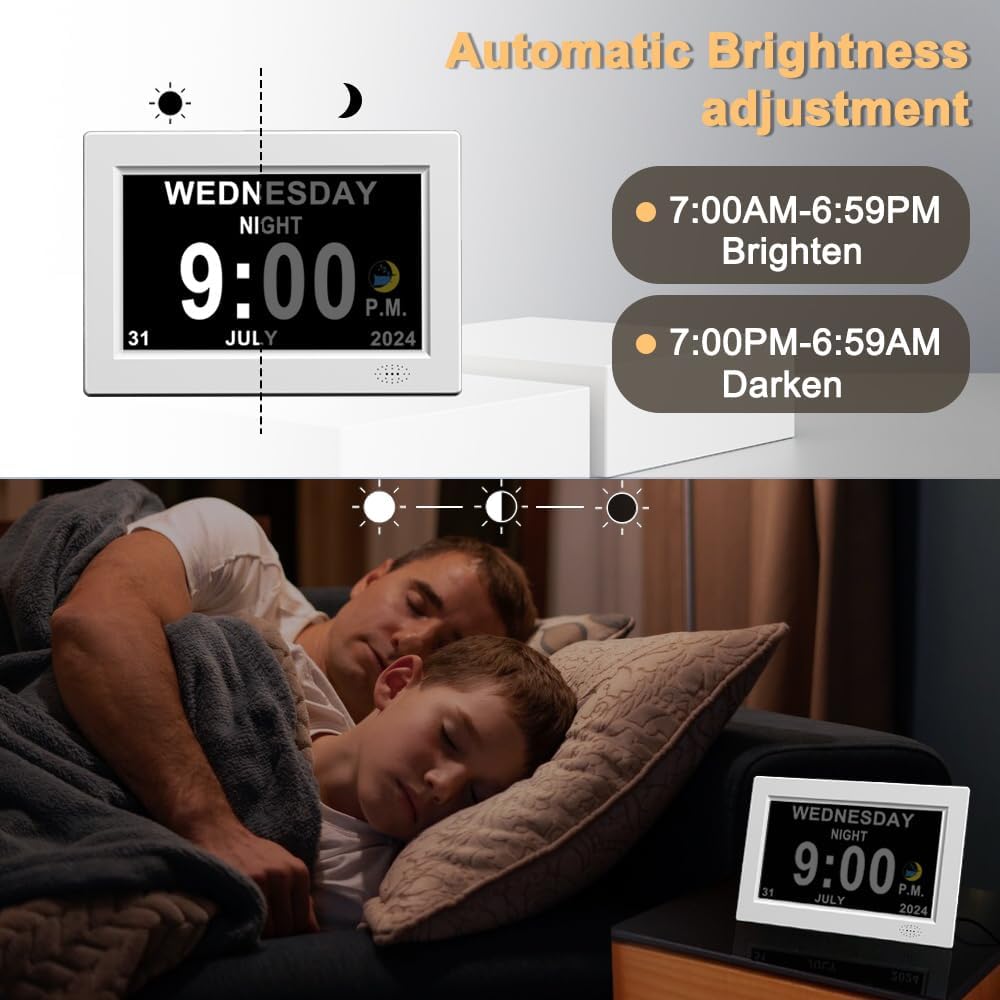 8inch Extra Large Impaired Vision Digital Alarm Clock with Day and Time for Elderly Calendar Clock Auto Dimmable Clock