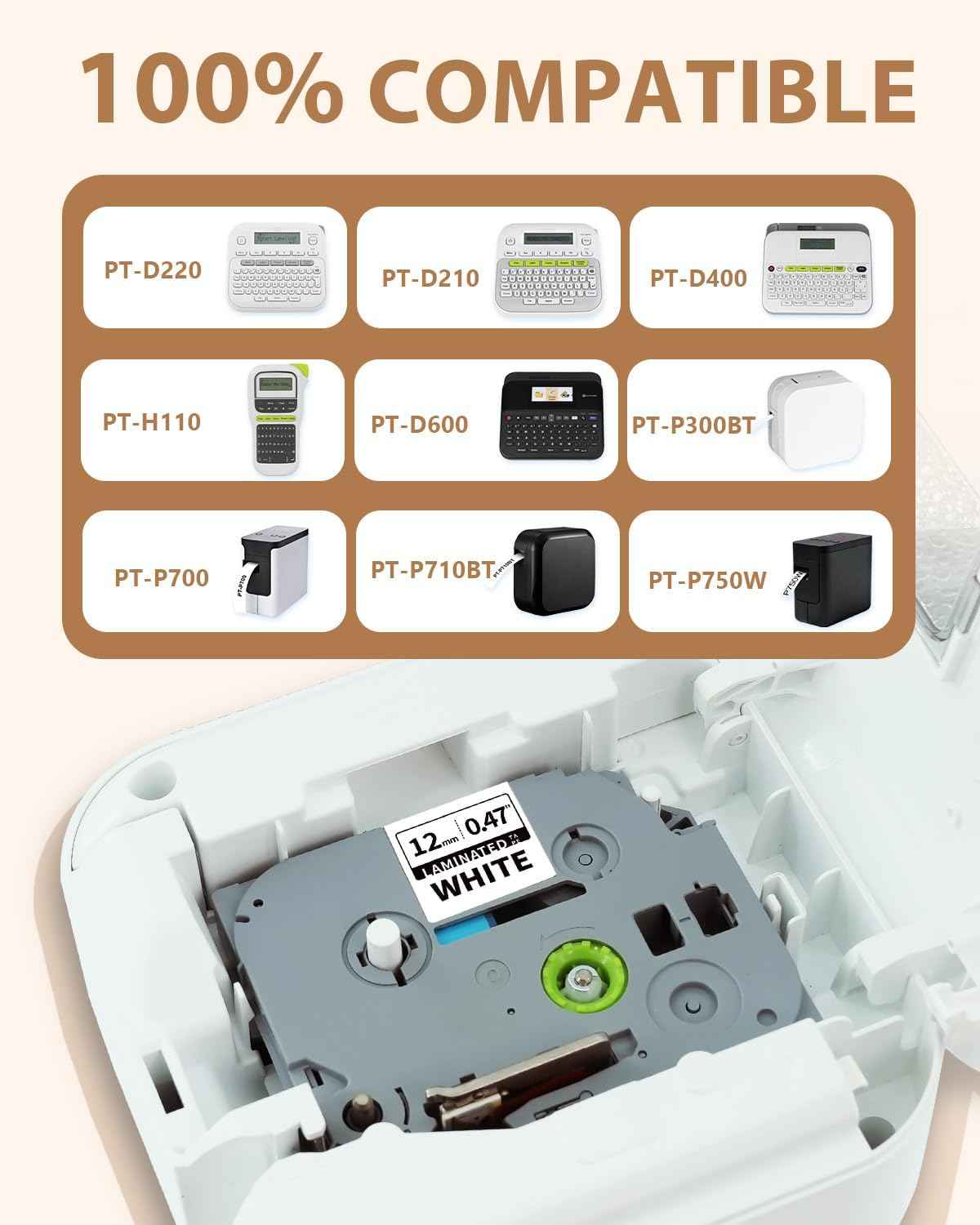 5-Pack TZe-231 TZ 12mm 0.47 Laminated White Compatible for Brother TZe231 TZ-231 TZe-231 1/2 Inch Label Tape Refills for P Touch Label Maker PT-D220 H100 D210 D400 D410 D600 PTD610BT, Black on White