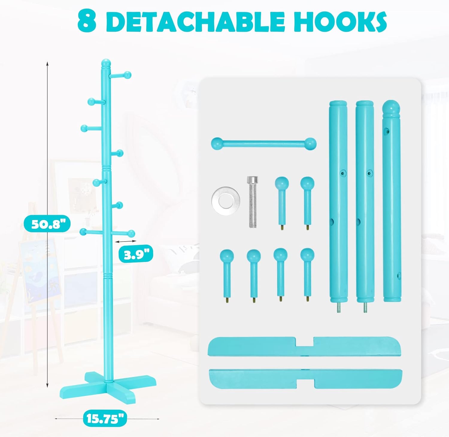 Kids Coat Rack, Freestanding Coat Racks with 8 Hooks 2 Adjustable Height, Tree Coat Rack for Bedroom, Hallway, Entrance, Office, Hats, Handbags,Purse (Blue) - Lumora Desk