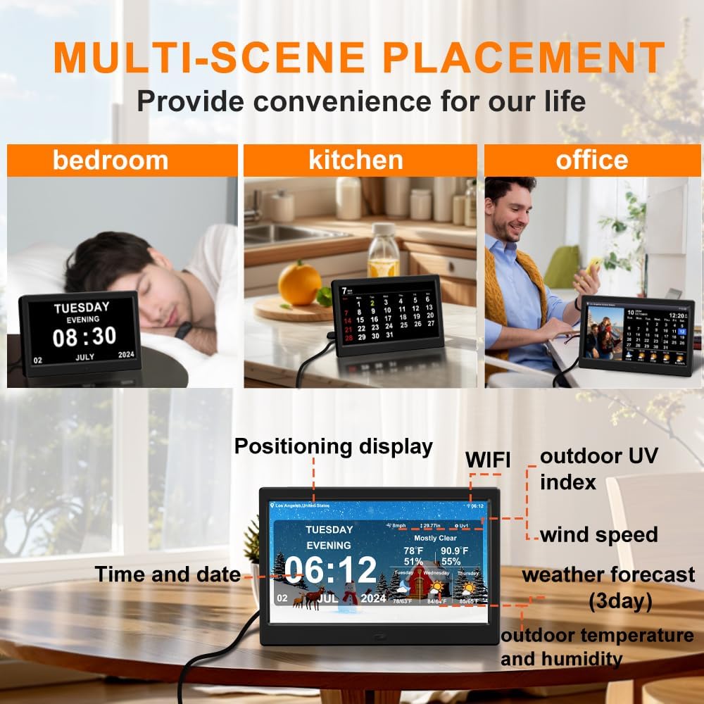 2025 New Digital Weather Clock with Temperature Humdity Alarm Clock (10.1- inch Black)