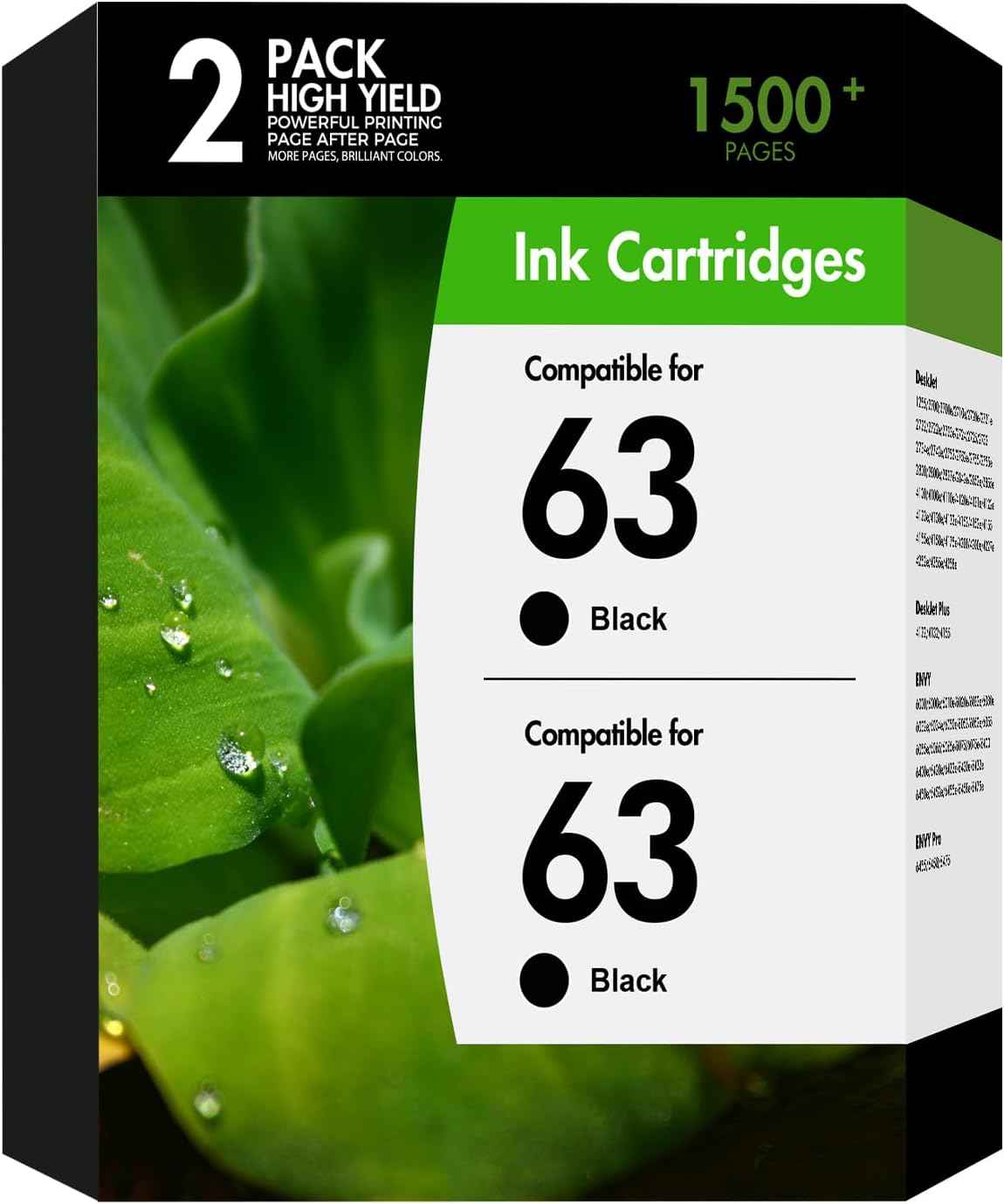 63XL 63 Black Ink Cartridges Replacement for HP63 XL Black Ink Work for HP Envy 4520 Officejet 3830 4650 5255 5258 5200 4655 Envy 4512 Deskjet 1112 2130 3630 Printer High Yield Black 2-Pack