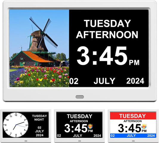 Alarm Clock with Day and Date for Elderly Digital Calendar Clock Photo Frame- Auto Dimmable Display 15 Alarm Options (10inch White)