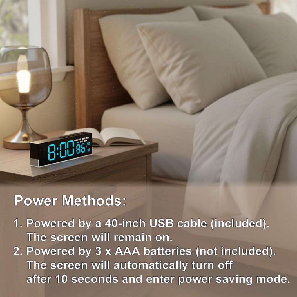JENLYSTIME 7 Inch LED Digital Alarm Clock with Dual Alarms & Bottom Glow｜Displays Time, Date, Day, Temperature｜3-Level Auto/Manual Brightness, DST, USB or Battery Powered Modern Desk Clock (Blue)