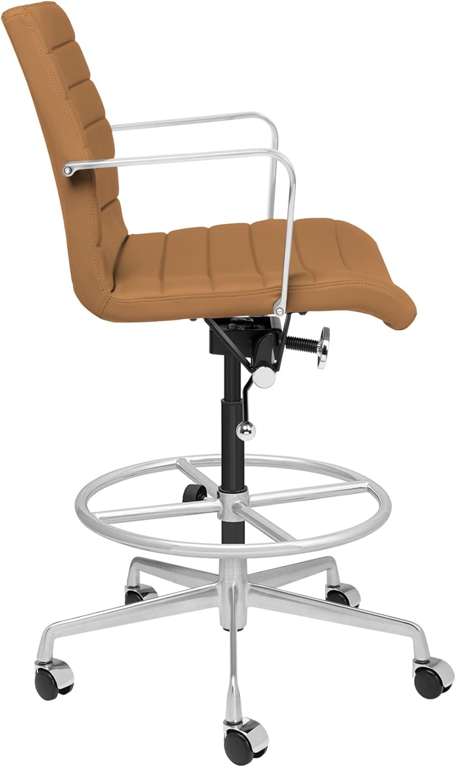 Laura Davidson Furniture SOHO II Ribbed Drafting Chair for Standing Desks, Standing Desk Chair - Ergonomically Designed, Commercial Grade Draft Height, Arm Rest & Cushion, Made of Faux Leather, Tan