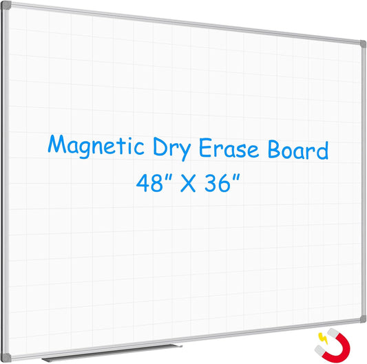 JILoffice Magnetic Dry Erase Planning Board, Grid Pattern White Board 48 x 36 Inch, Silver Aluminum Frame with Detachable Marker Tray for Office School and Home - Lumora Desk