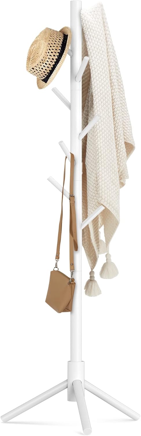 Haddockway Wooden Coat Rack Stand with 8 Hooks New Zealand Pine 3 Adjustable Coat Standing Tree Easy Assembly for Coats, Hats, Scarves and Handbags for Entryway, Hallway, Bedroom, Office, white - Lumora Desk