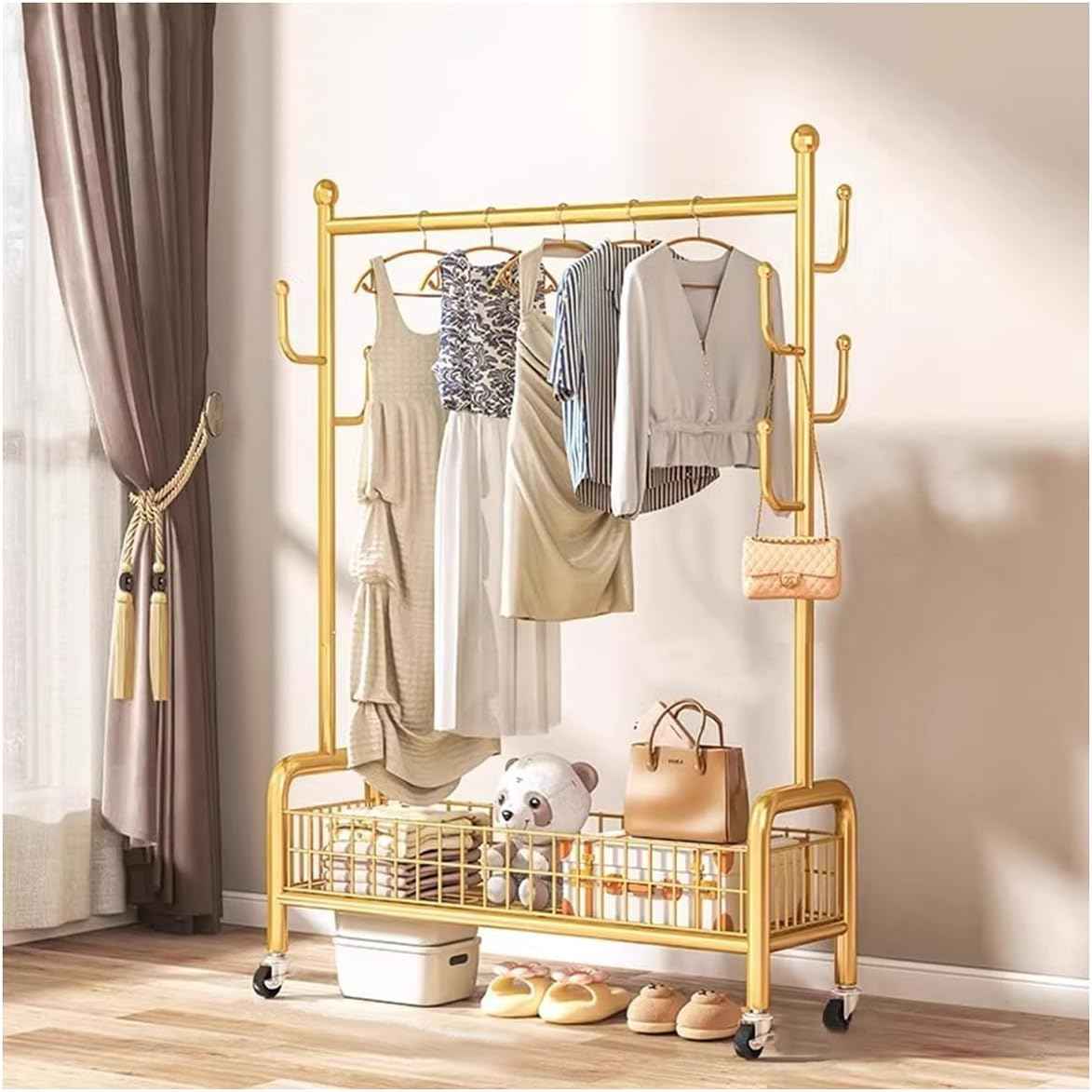Clothes Garment Rack, Heavy Duty Clothes Rack with Wheels, Portable Clothing Rack with Storage Basket for Hanging Clothes,Gold