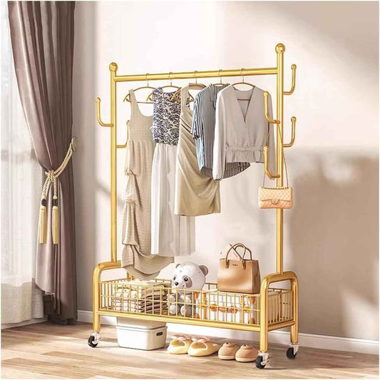 Clothes Garment Rack, Heavy Duty Clothes Rack with Wheels, Portable Clothing Rack with Storage Basket for Hanging Clothes,Gold