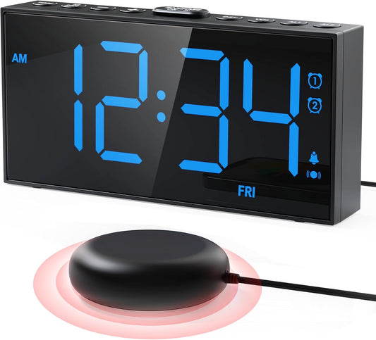 PPLEE Loud Alarm Clock with Bed Shaker,Vibrating Alarm Clock for Heavy Sleepers Hearing-impaired Deaf,2 Alarms 3-level Vibration for Weekday/Everyday Mode,5 Dimmer,5 Volume,Big Number,Power-off Memory