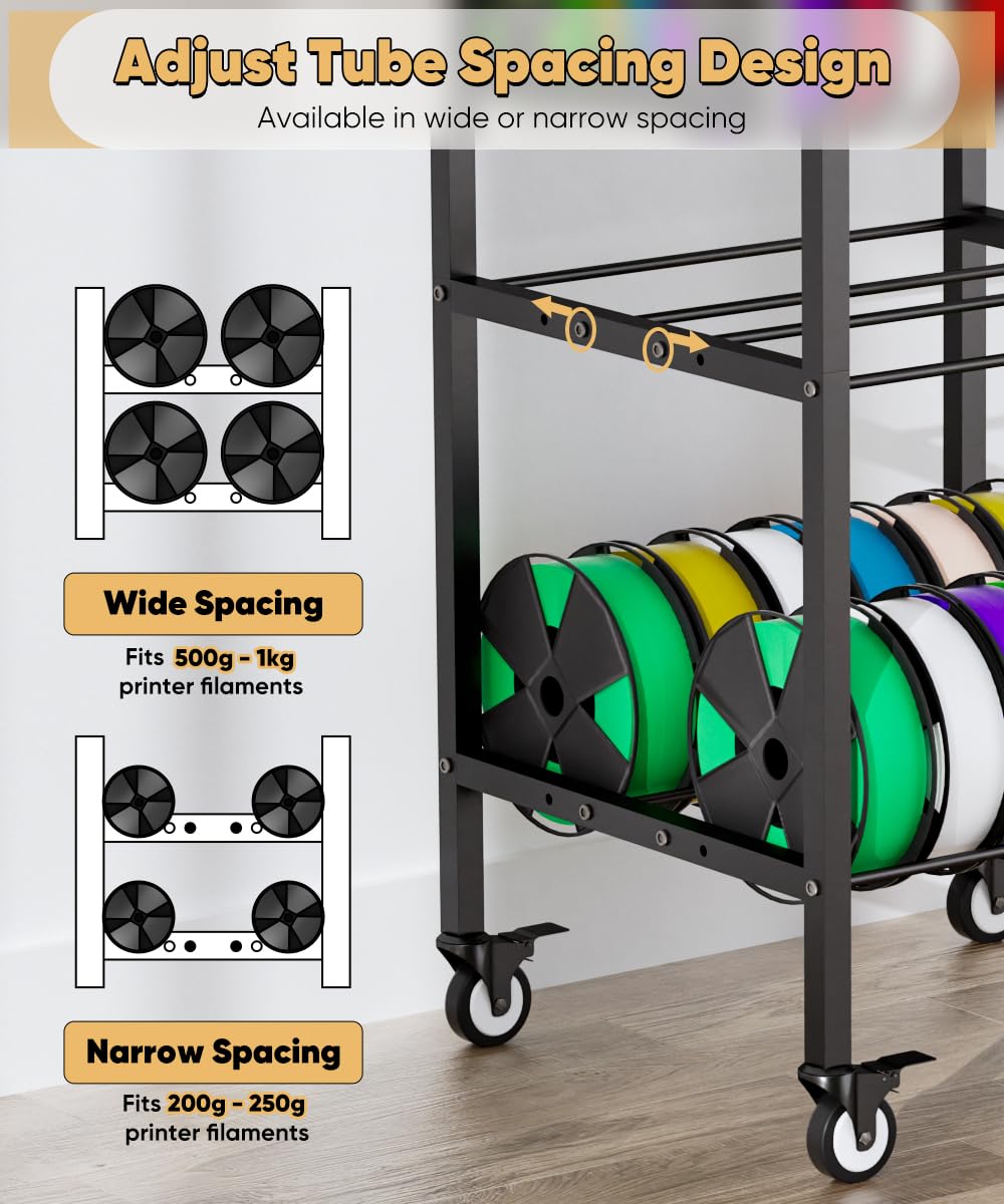 4-Tier 3D Printer Filament Storage Rack with Wheels, Rolling Spool Holder Stand Cart, Holds up to 48×1kg Spools, Heavy Duty Metal Filaments Organizer Shelf for Printing Studio Office Workshop