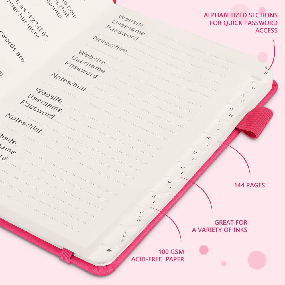 JUBTIC Password Book with Alphabetical Tabs. Medium Size Password Keeper Logbook for Internet Log in, Website Address. Hardcover Password Journal Notebook & Organizer for Home Office, Hot Pink