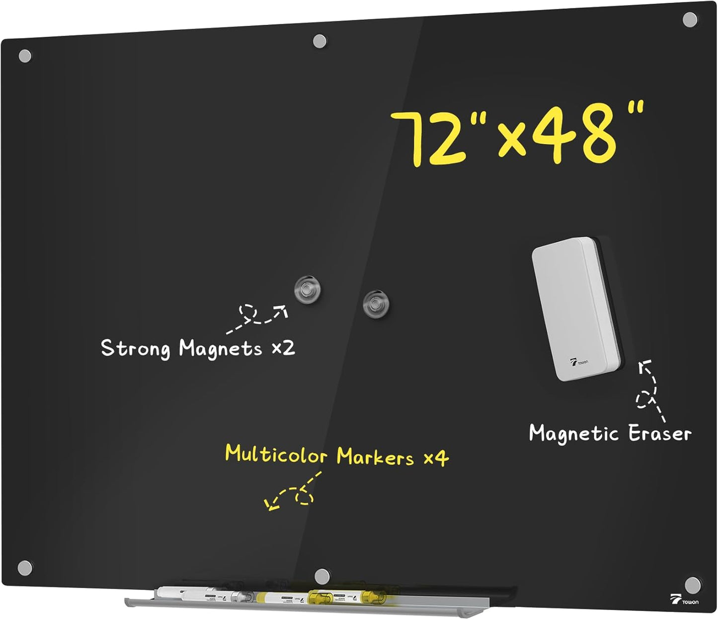 TOWON 6 x 4ft Glass Whiteboard Wall, Black Magnetic White Board Dry Erase 72 x 48 in, Big Glass Dry Erase Board with Multi-Color Markers, Strong Magnets, Pen Tray and Eraser, Frameless - Lumora Desk