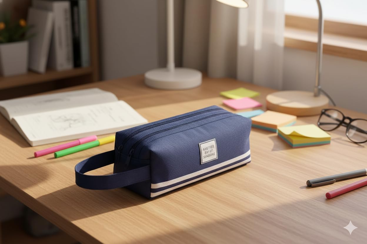 Large Capacity Pencil Case Organizer with 2 Zipper Pockets, Durable Canvas Stationery Bag for School and Office Supplies, Multi-Purpose Pen Pouch and Travel Storage Case (Navy)