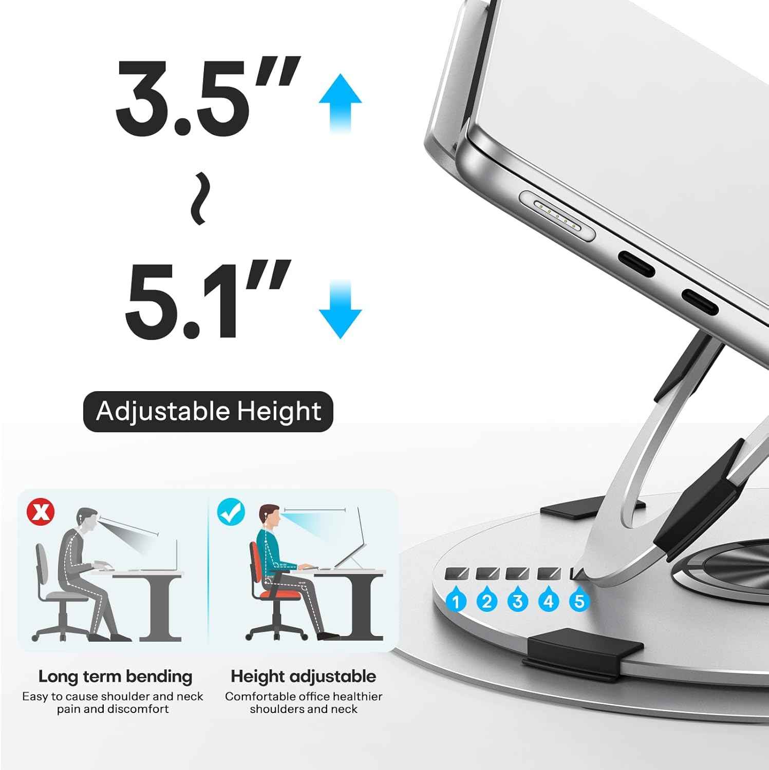 OMOTON Portable Laptop Stand for Desk, Ergonomic Computer Stand with 360° Rotating Base, 5-Level Adjustable Aluminum Foldable Mount, Compatible for 10-15.6" Laptops