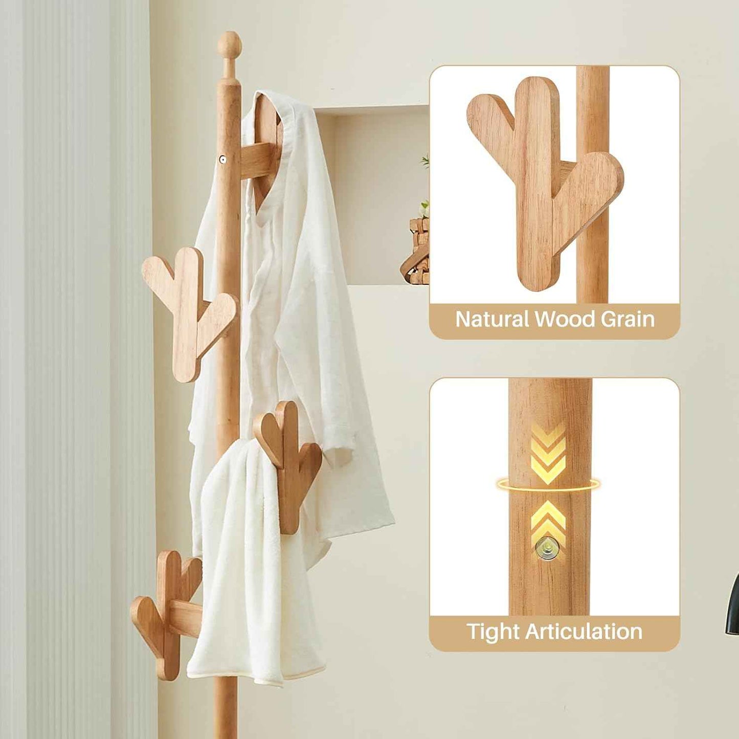 Uniclinens Solid Wood Coat Rack Freestanding with Umbrella Holder, Tree Coat Rack Stand with Lockable Universal Casters & 12 Hooks for Entryway Bedroom, Natural
