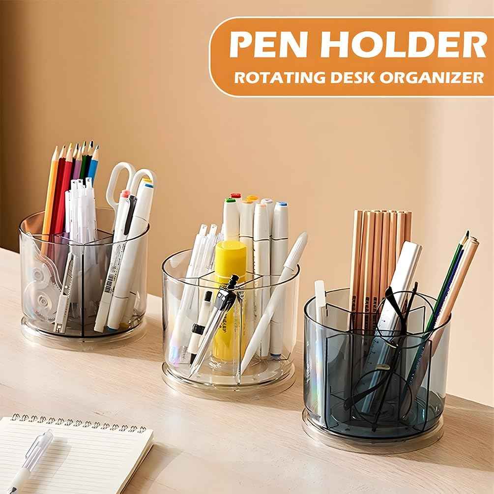 360 Degree Rotating Desk Organizer, Dual-Purpose Pencil Pen Holder, Rotating Desk Pen Organizer with 5 Compartments, Marker Caddy Pencil Cup for Office, Home, School (Clear)