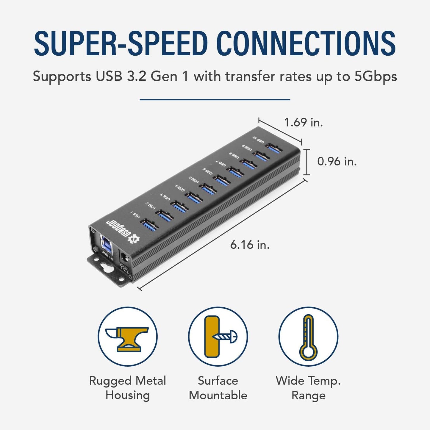 10-Port USB 3.2 Gen 1 Mountable Charging and SuperSpeed Data Hub with 5V/4A Power Adapter and USB Type-A to Type-B Cable Up to 900mA per Port Charging Function Wall and Surface Mounting