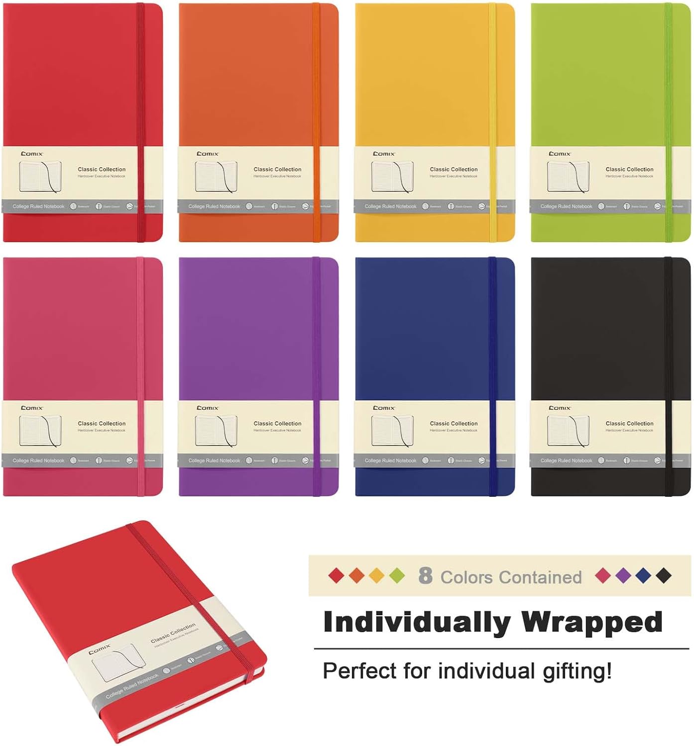 Comix 8 Pack Lined Journal Notebooks for Work, 240 Pages, 5.5"x8.3", Hardcover, A5 Medium College Ruled, Journaling Notebooks for Notes-taking, Fits for Office School Home