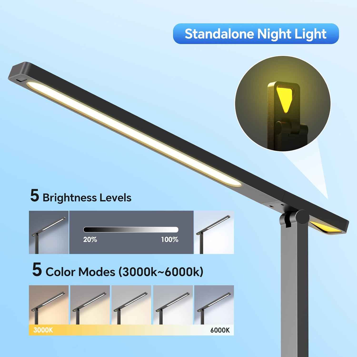 LED Desk Lamp with Power Strip: Table Lamp with Charging Station - 2 Outlets 1 USB-A Ports 1 Type-C Ports, Surge Protection, 5 Color Modes 5 Brightness for Home Office, College Dorm Room Essentials