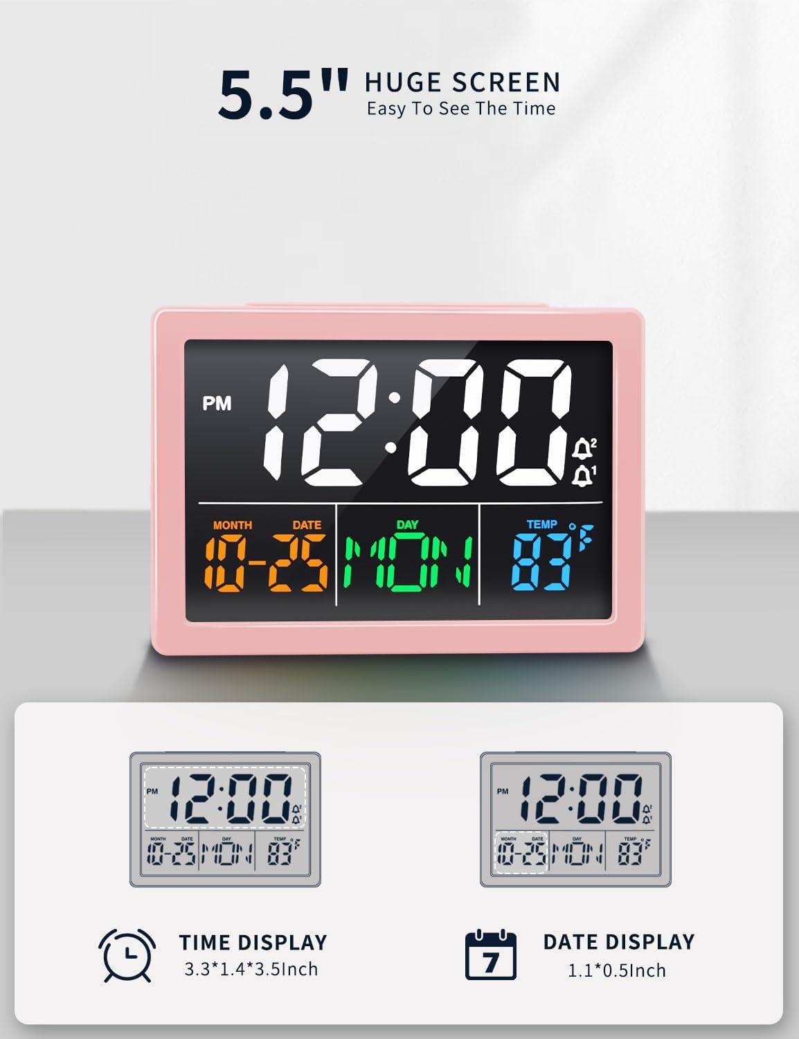 Digital Alarm Clock, with 5.5" Large LED Time Display, Adjustable Alarm Volume, 6 Level Brightness, Alarm Settings, USB Charger, Temperature Detect, Snooze, Clocks for Bedroom, Bedside, Desk, Pink