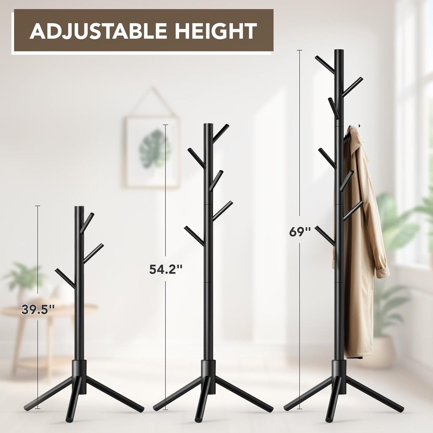 Wooden Tree Coat Rack Stand,Sturdy Freestanding Coat Rack with 8 Hooks,3 Adjustable Height for Child Adult,Wood Coat Stand Tree Fits Entryway Bedroom Office for Bags,Hats - Lumora Desk