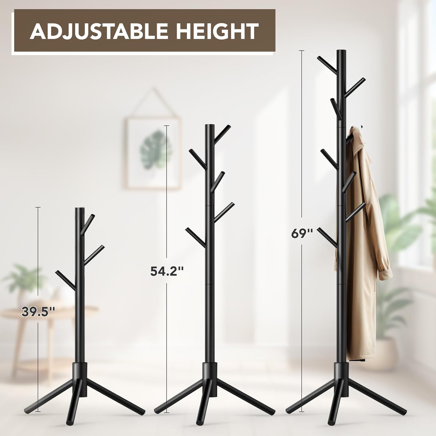 Wooden Tree Coat Rack Stand,Sturdy Freestanding Coat Rack with 8 Hooks,3 Adjustable Height for Child Adult,Wood Coat Stand Tree Fits Entryway Bedroom Office for Bags,Hats - Lumora Desk