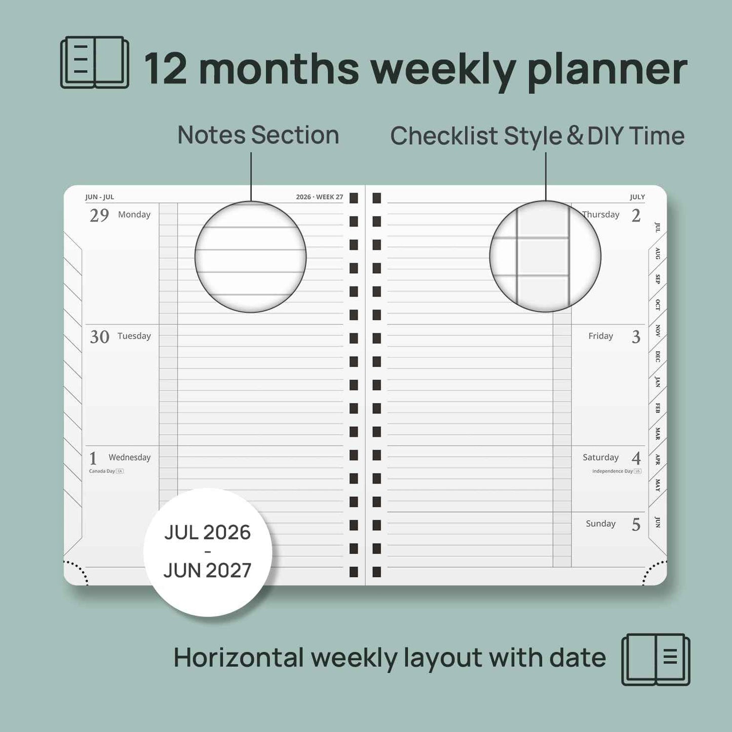 POPRUN 2026-2027 Academic Weekly Planner, 6.5" x 8.5" Horizontal Daily Book Calendar, July 2026 to June 2027, Softcover Appionment Book with Monthly Tabs, Spiral Bound, Inner-Pocket - Orange