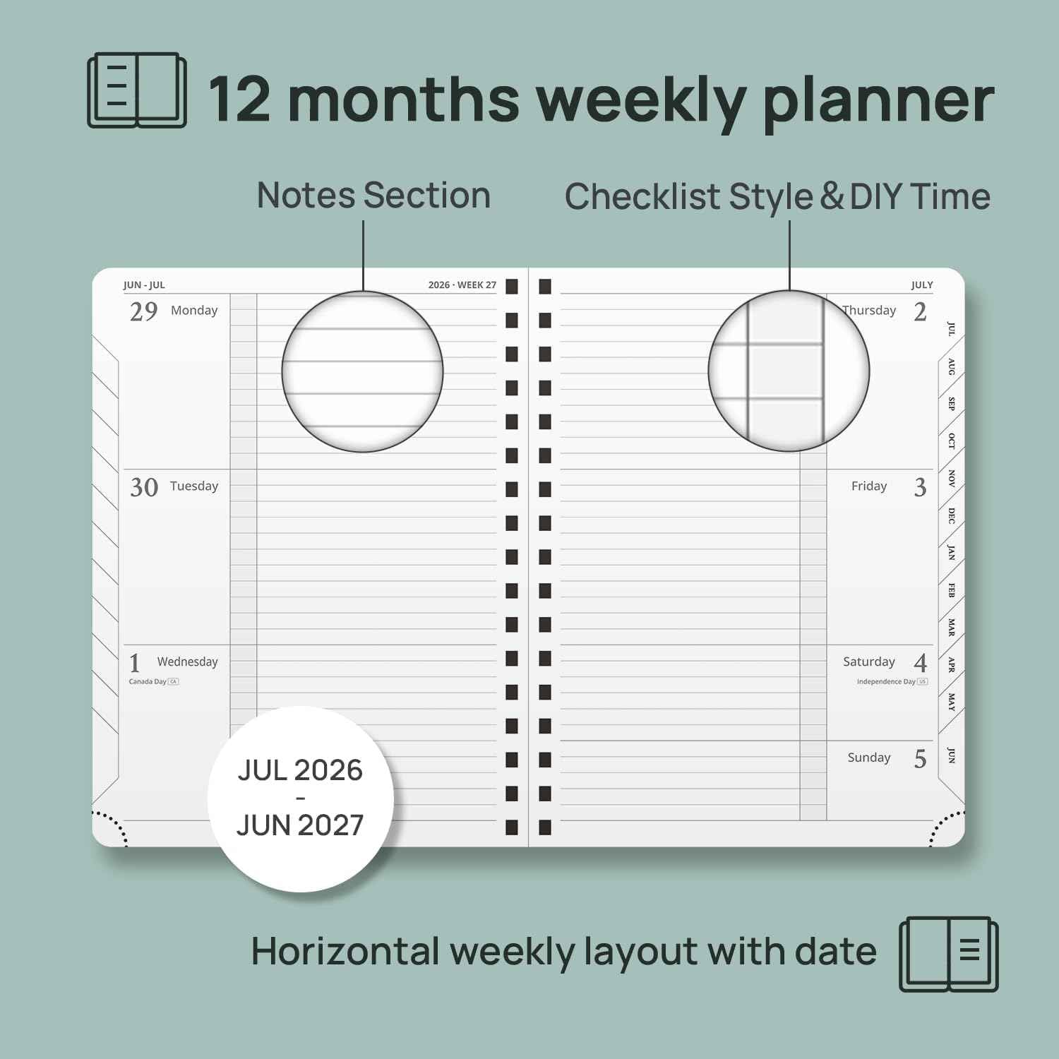 POPRUN 2026-2027 Academic Weekly Planner, 6.5" x 8.5" Horizontal Daily Book Calendar, July 2026 to June 2027, Softcover Appionment Book with Monthly Tabs, Spiral Bound, Inner-Pocket - Orange