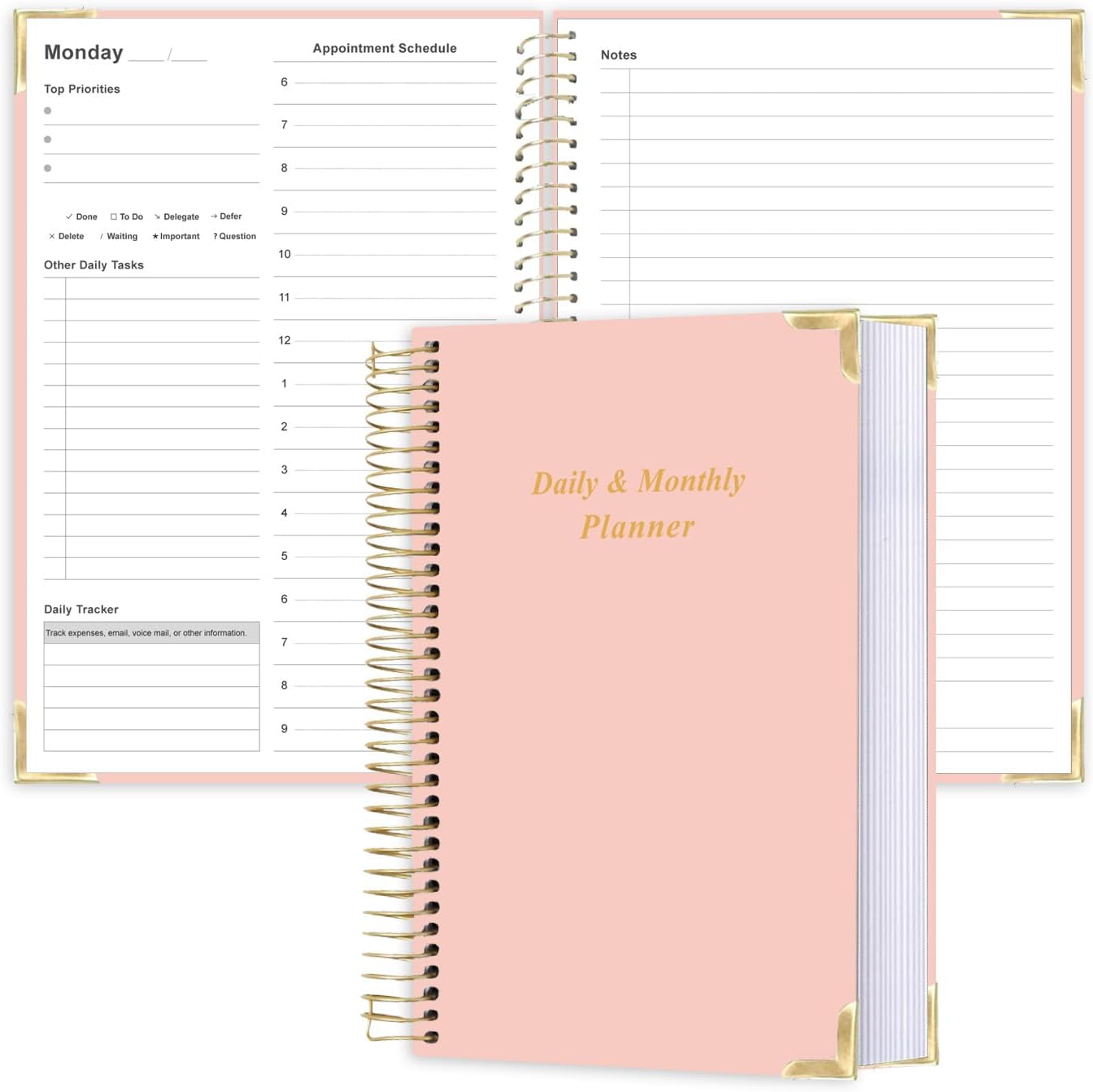 Undated Daily Monthly Planner for 2025 2026 - A5 To Do List with Hourly Schedule, Hardcover Spiral Bound Daily Planner to Increase Focus, Stylish School/Office Supplies, 5.8" x 8.5", Pink