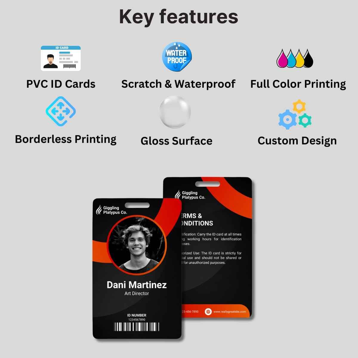 Custom ID Badge Card, Double Sided Printing, Personalized Employee Photo Identification Card, Customize Employee Badge Name Tag Picture Logo for Business Staff Events (Vertical)