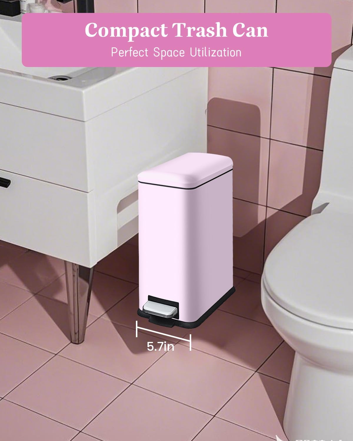 Pink Trash Can, 1.3 Gallon Bathroom Trash Can with Lid, Stainless Steel Pedal Trash Bin Removal Inner Bucket, Small Grabage Can for Bathroom,Bedroom,Home Office