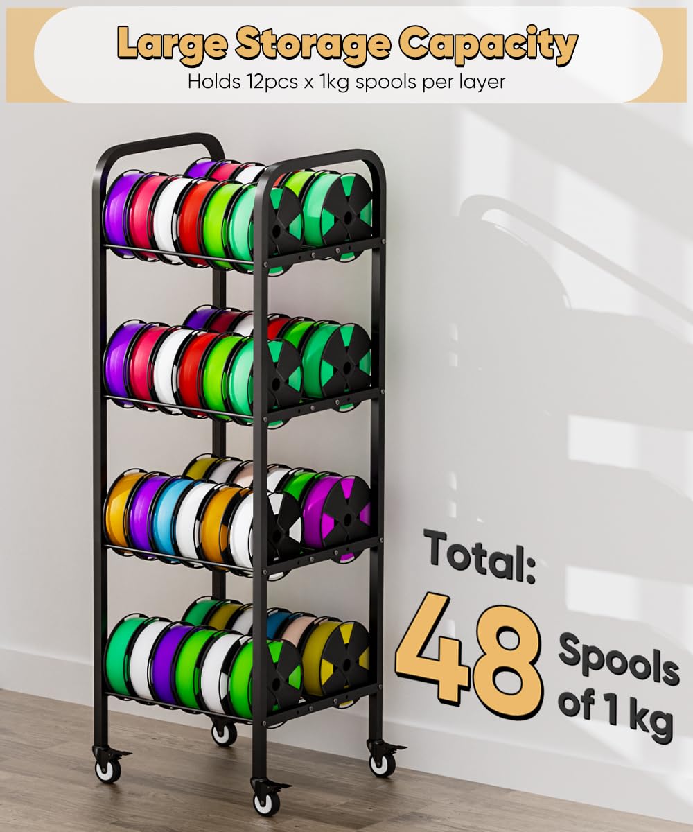 4-Tier 3D Printer Filament Storage Rack with Wheels, Rolling Spool Holder Stand Cart, Holds up to 48×1kg Spools, Heavy Duty Metal Filaments Organizer Shelf for Printing Studio Office Workshop