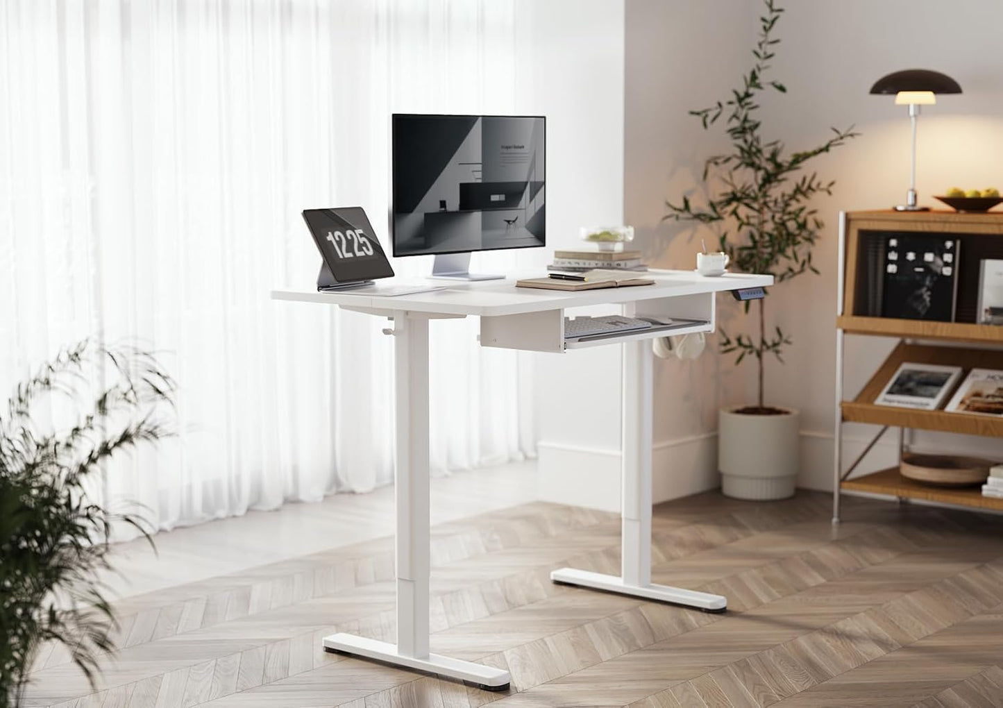 YDN Standing Desk with Keyboard Tray, 48 Inch Height Adjustable Desk with Cable Management, White Stand Up Desks for Home and Office, White