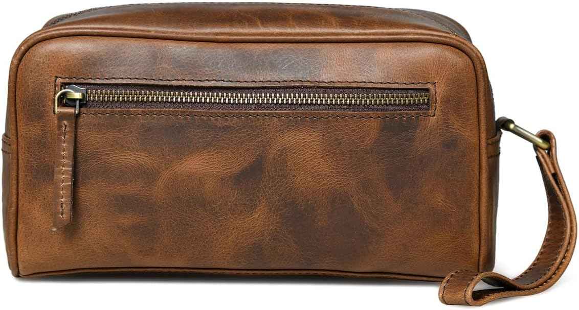 MaheTri Leather Toiletry Bag Travel Dopp Kit | Genuine Handcrafted Cosmetic Bag for Men & Women | Multipurpose use Durable Leather Toiletry Bag (Cosmetic, Shaving Kit) (Lumber Brown)