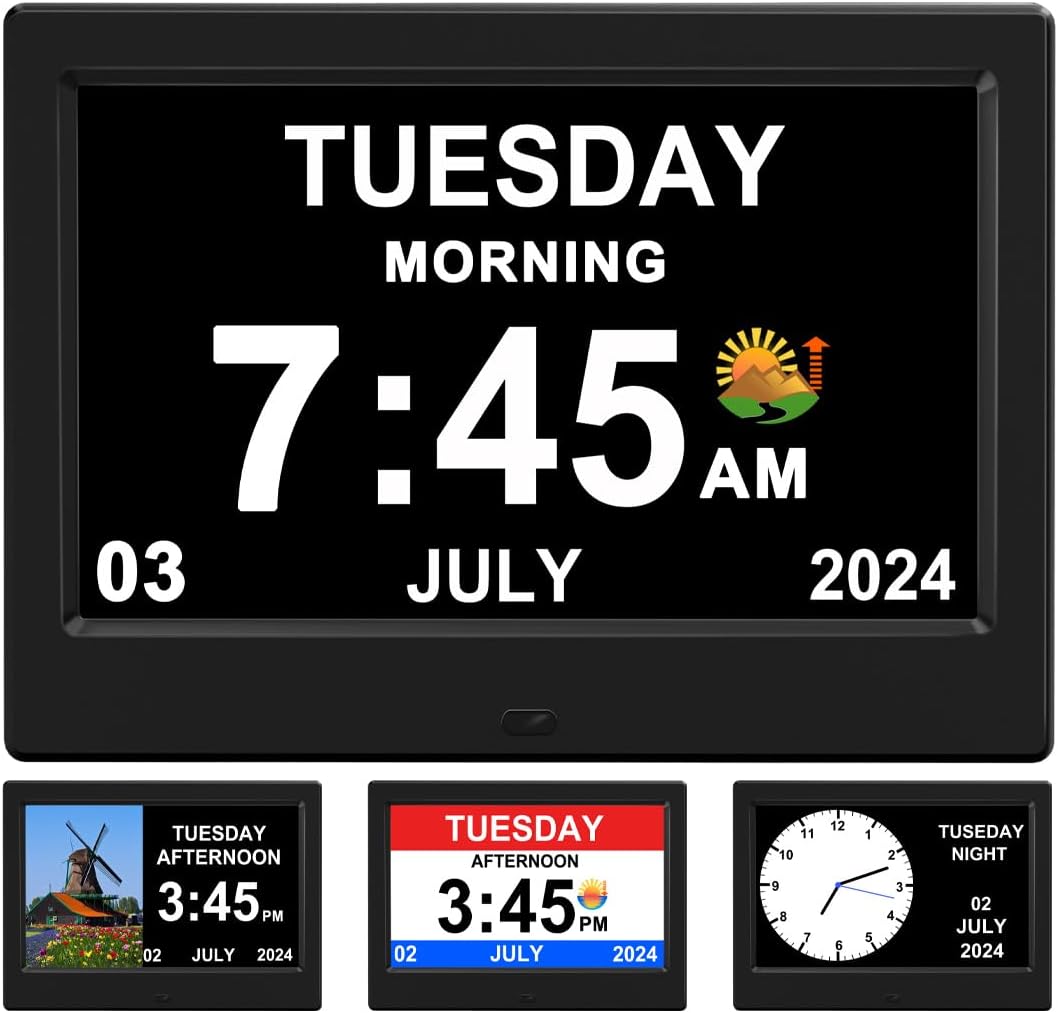 Alarm Clock with Day and Date for Elderly Digital Calendar Clock Photo Frame- Auto Dimmable Display 15 Alarm Options (7inch Black)