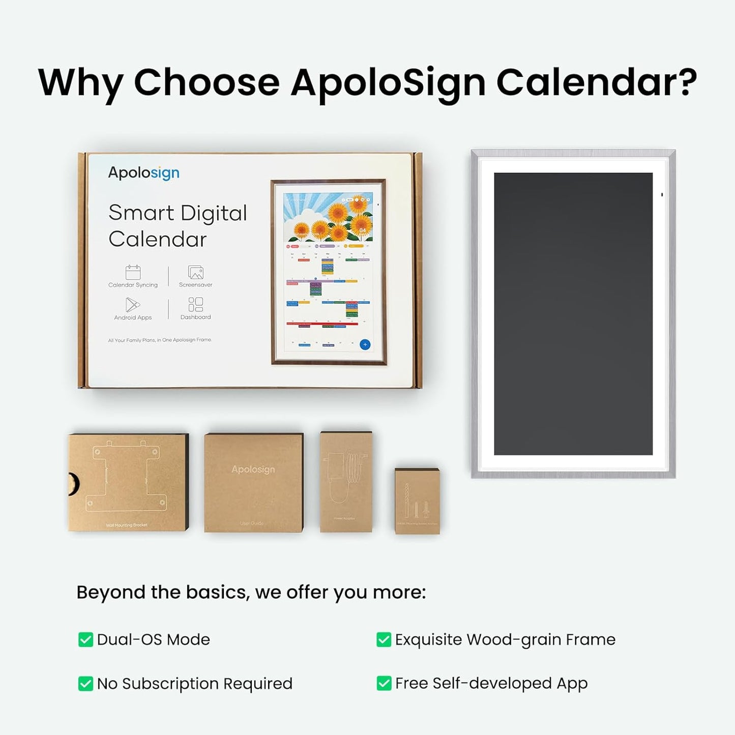 Apolosign 27-inch Digital Calendar : Dual Mode Smart Wall Planner, No Subscription, Install Apps, Sync Calendars, Electronic Touchscreen Interactive Display for Family Schedules, Chore Chart - with Stand (Gray)