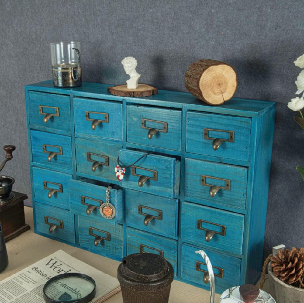 16 Drawers Apothecary Cabinet with Drawers Tabletop Apothecary Chests and Cabinets Library Card Catalog Cabinet Herb Storage Box Wooden Desk Drawer Organizer Medicine Vintage Furniture (BLUE)