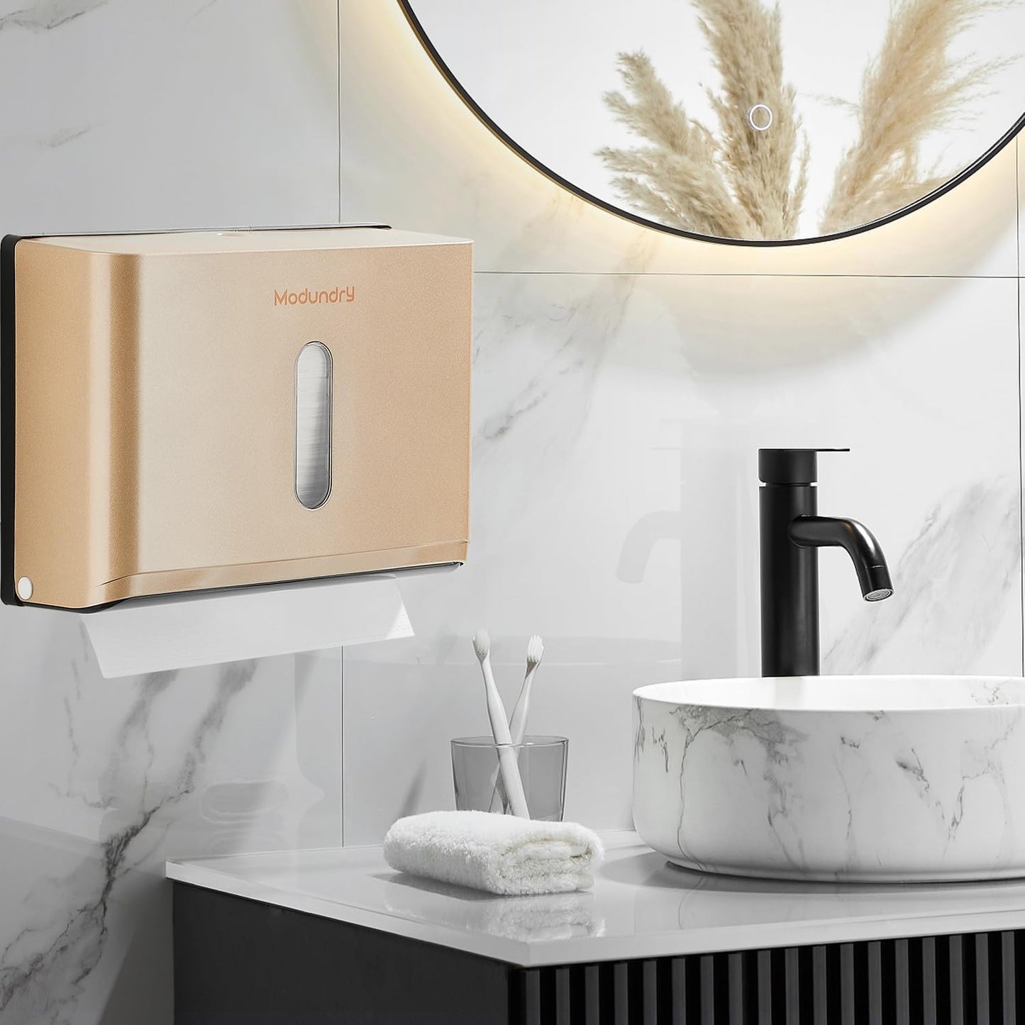 Paper Towel Dispensers Wall Mount: Multifold Z-Fold Paper Towel Holder, No Drilling Install, Compact Hand Towel Dispenser for Home Bathroom, Restroom, Office, Gold